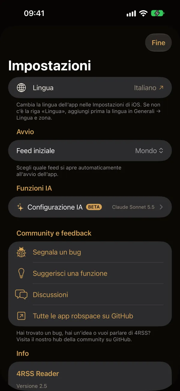 4RSS — Impostazioni